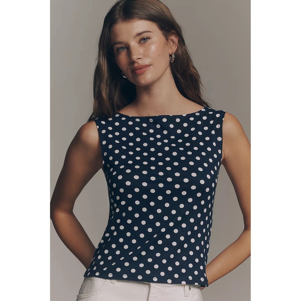 NWT Anthropologie Maeve Sleeveless Printed Boat-Neck Tank Sz M Polka Dot Preppy